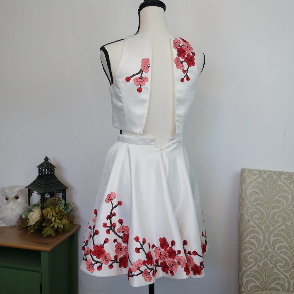 Blush Prom 2pc Skirt Set Size 0 White Red Pink Cherry Blossom Floral Embroidered - Picture 2 of 10